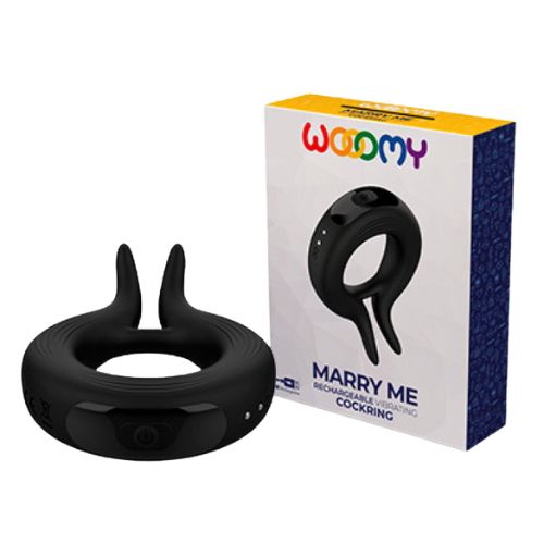 Wooomy Marry Me Rechargeable Vibrating Ring – Black with Packaging | Ultimate Pleasure Wooomy Marry Me Rechargeable Vibrating Ring Black displayed with retail packaging