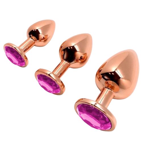 Wooomy Tralalo Rose Gold Metal Plug – Small, Medium & Large | Ultimate Pleasure Wooomy Tralalo rose gold metal plug set showing small medium and large sizes with crystal detail