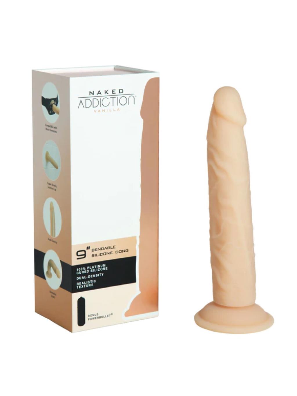 Swan Naked Addiction 9" Dildo – Vanilla with Packaging | Ultimate Pleasure Swan Naked Addiction 9 inch dildo vanilla with retail packaging and suction base displayed